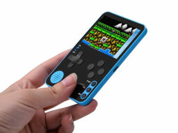 Blue gaming console with game on screen