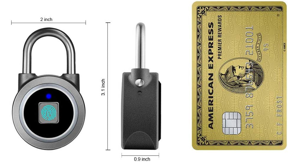 Image of fingerprint padlock compared to size of credit card