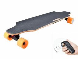 Black and orange Hermosa Electric Longboard on a white background.