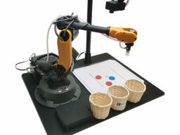 Robotic arm on stand with three buckets and red and blue tokens