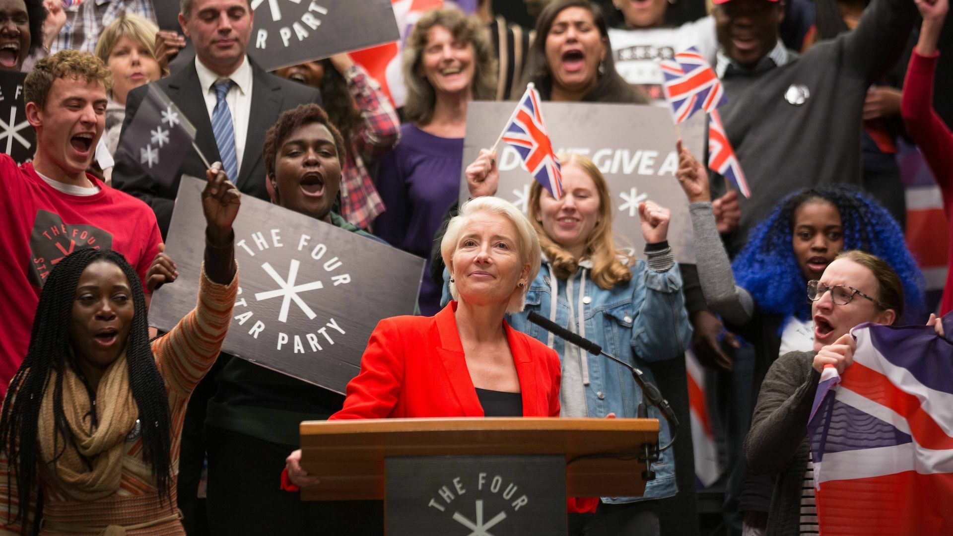 Emma Thompson as far-right politician Vivienne Rook surrounded by supporters in "Years and Years."