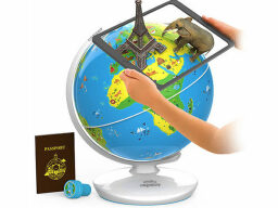 Globe with arms holding tablet over it