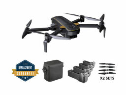 Black drone set with a case, four batteries, and four blades