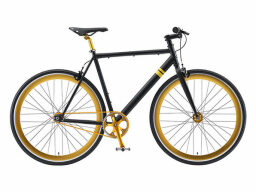 Black and gold Micklish II Bicycle on a white background.