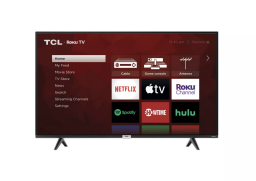 the TCL 43-inch Class 4-Series 4K Smart Roku TV displaying the roku menu