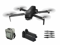 Black drone with a case, two batteries, and four blades