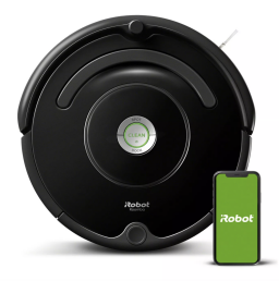 the irobot roomba 675 next to a smartphone displaying the irobot logo