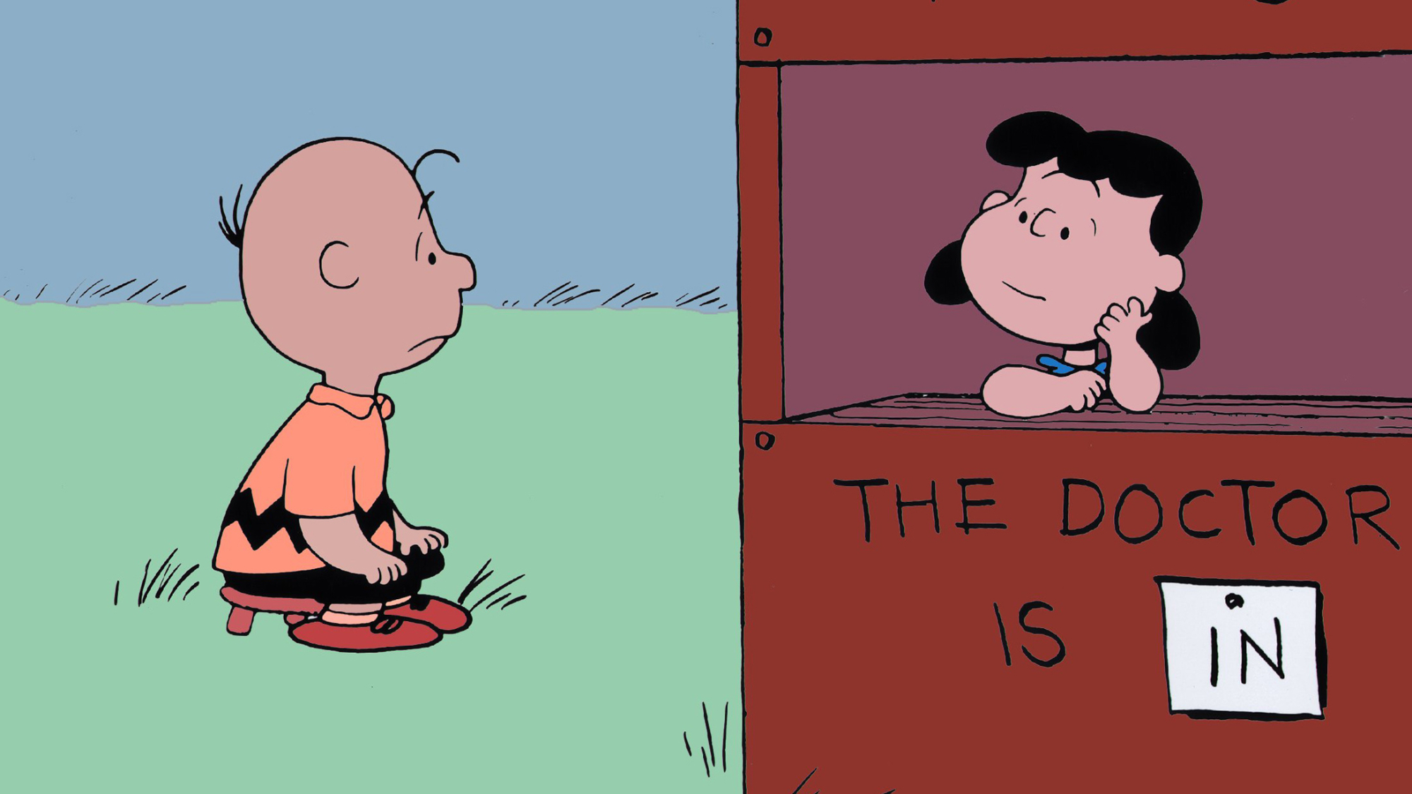 Charlie Brown visiting Lucy's psychiatrist stall.