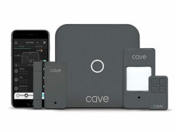 Gray security kit with SmartHub, Wireless Motion Sensor, Wireless Contact Sensor, Remote Control, and phone showing security app
