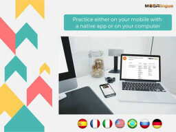 Laptop with vocabulary list next to phone and country flag visuals under it
