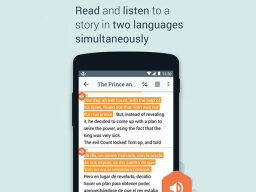 Text in two languages highlighted in orange on phone screen