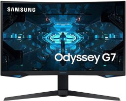 curved, wide monitor with video game scene onscreen