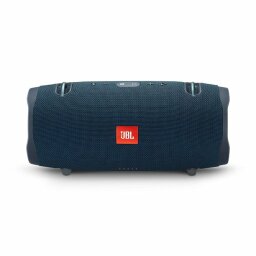 Blue cylindrical JBL speaker with red logo