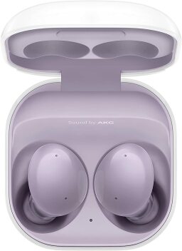 the lavender samsung galaxy buds 2 in their charging case