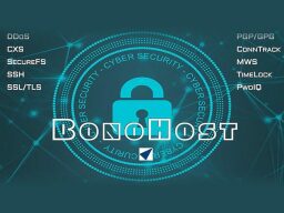 Blue screen with BonoHost logo advertising cybersecurity