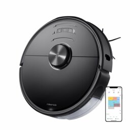 Roborock robot vacuum next to phone showing compatible app
