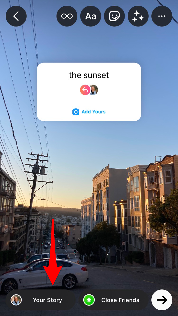 Screenshot of Instagram with an arrow pointing to "Your Story"
