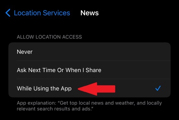 "Allow Location Access" options: Never, Ask Next Time, or While Using