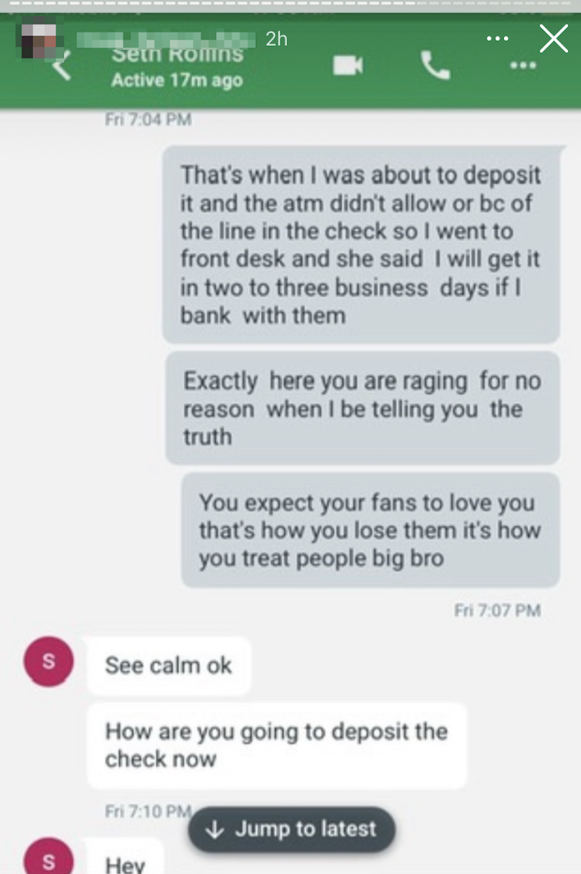 Spencer calls Rollins out in a screenshot.