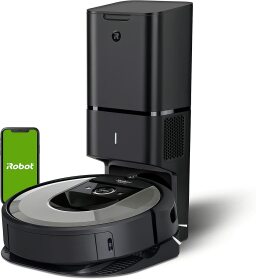 Robot vacuum with dock and cell phone on white background