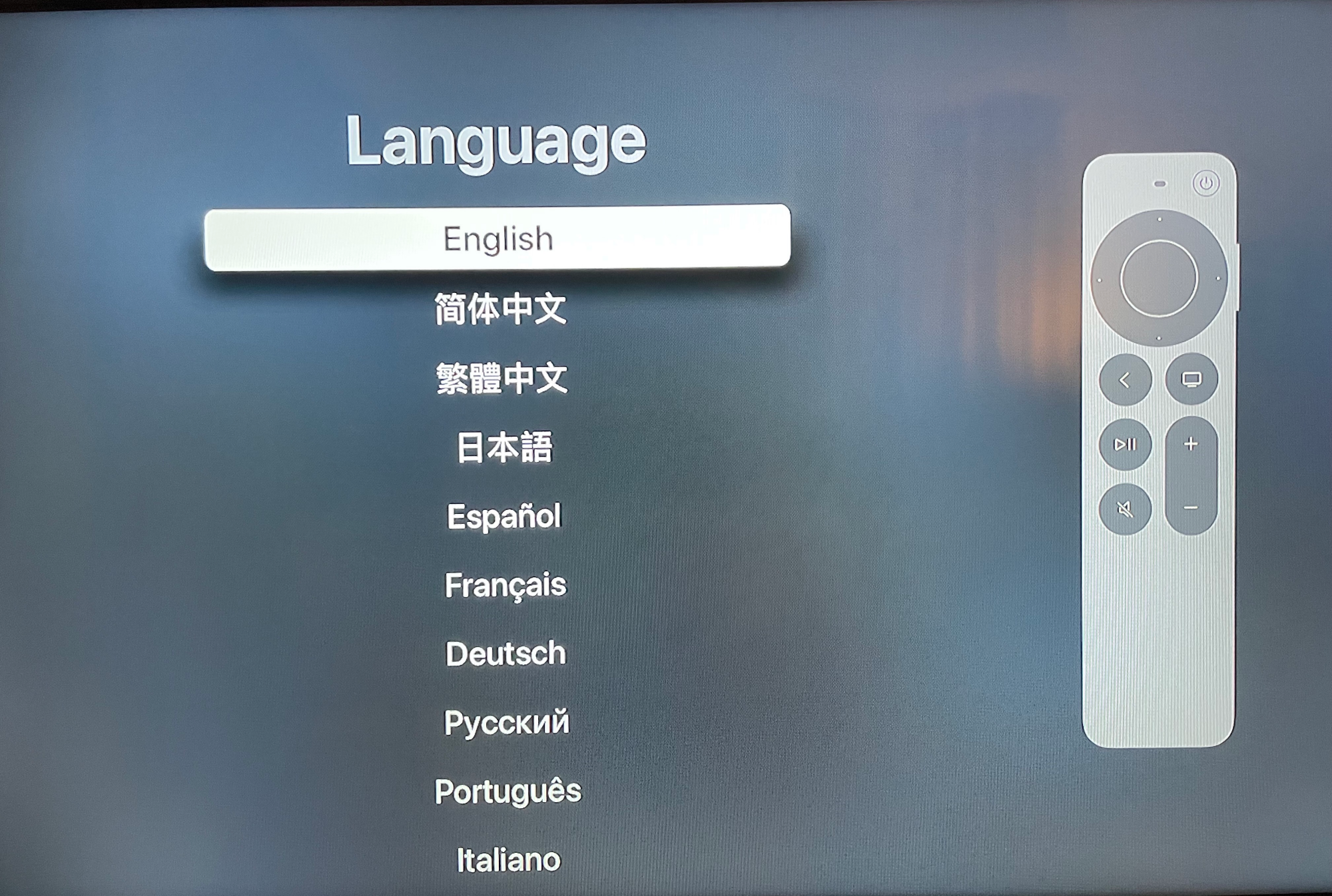 Image of the Apple TV language setup screen