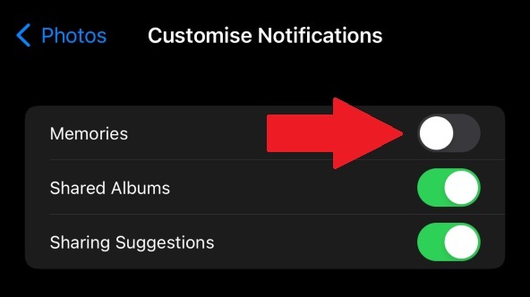Turning off "Memories" in "Customize Notifications"