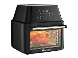 Costway 19 QT Multifunctional Air Fryer Oven 1800W Dehydrator Rotisserie w/ Accessories and a chicken on a white background.