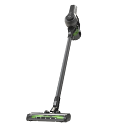 Silver and green cordless stick vacuum on transparent background