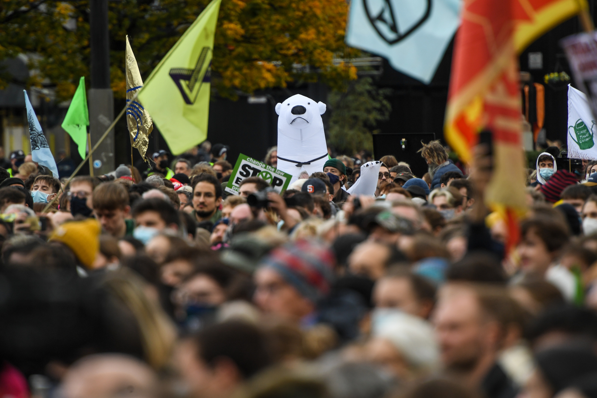 A person dressed as a sad-looking polar bear stands behind the crowd.