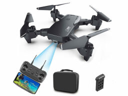 Black drone with blue light connected to controller