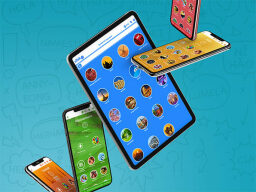 Tablets and phone screens with language bubble graphics