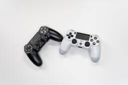 Two Playstation controllers: one black, one white