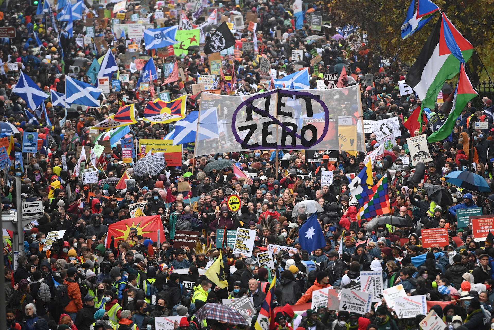 Climate protestors gather for the Global Day of Action for Climate Justice march on Nov. 6 in Glasgow, Scotland.