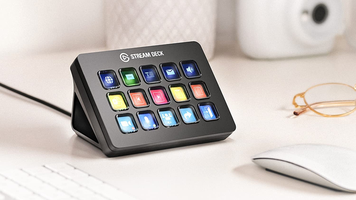 Image of stream deck on desk next to computer mouse