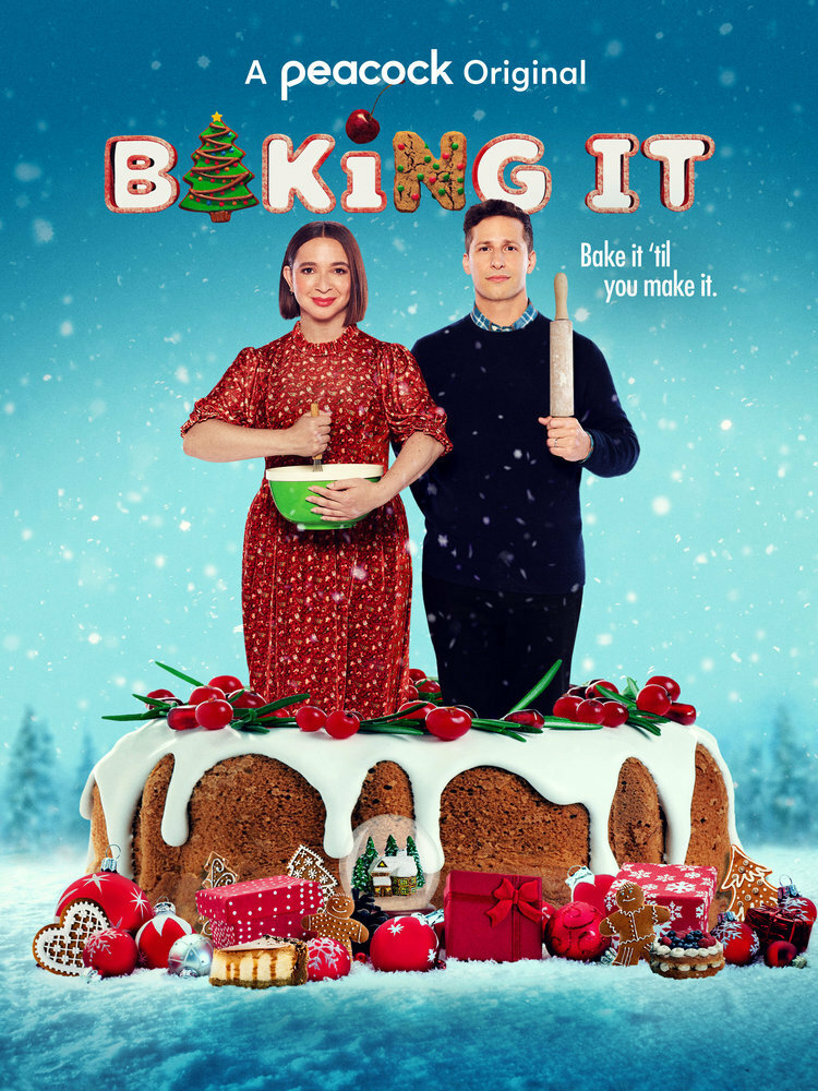 The "Baking It" promo poster shows a woman (Maya Rudolph) and a man (Andy Samberg) popping out of a cake.