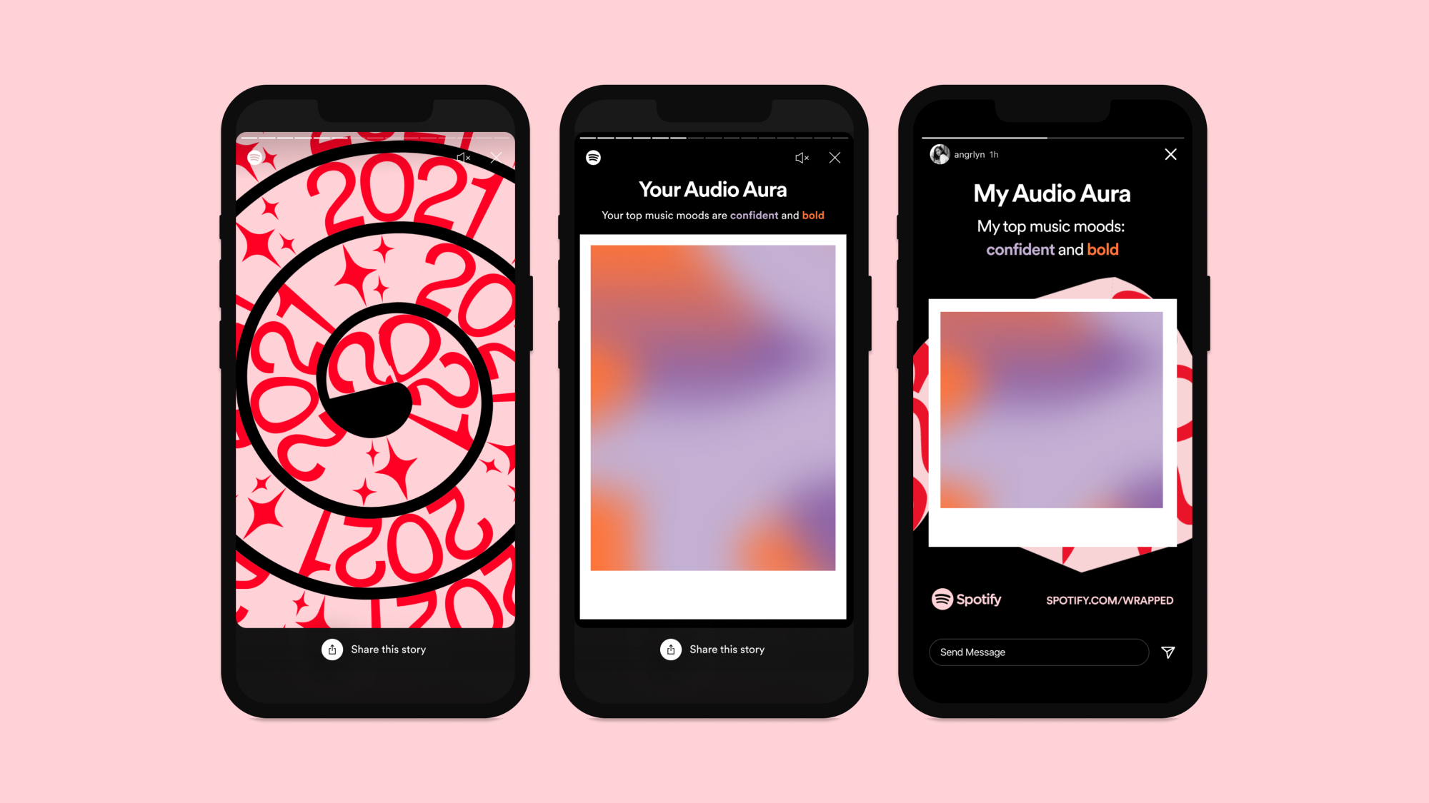 Three images of Spotify Wrapped's Audio Auras.