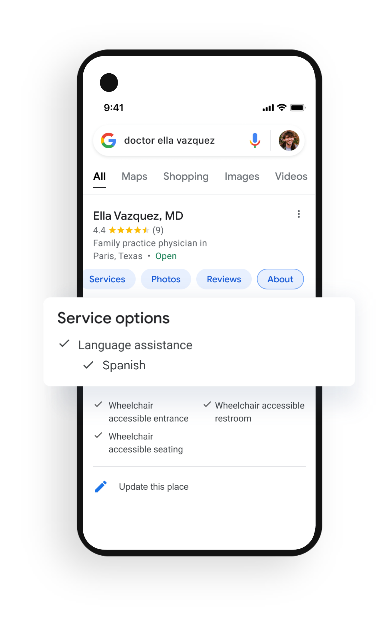A screenshot of a doctor's Google listing showing that they offer services in Spanish.