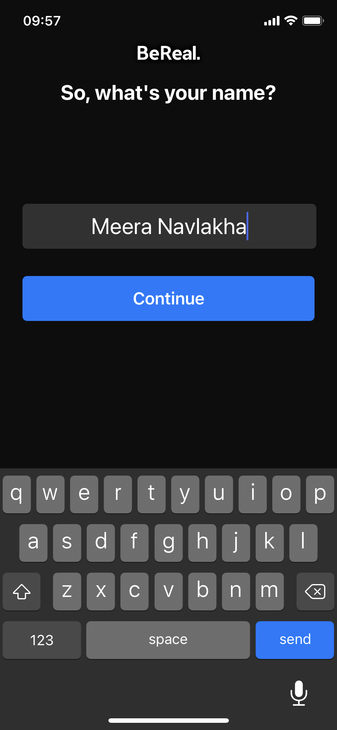 A screenshot of the page in which you enter your name on the BeReal app.