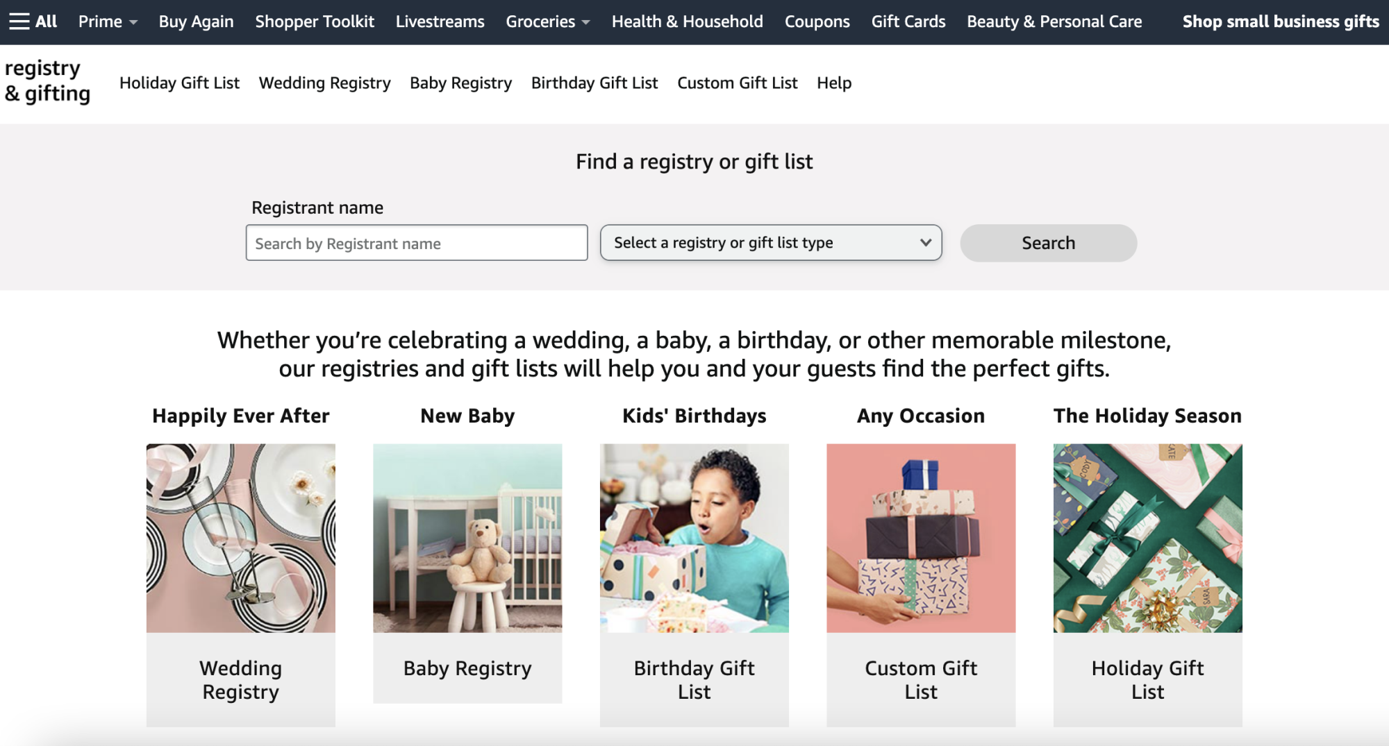A screenshot of Amazon's registry and gifting page.