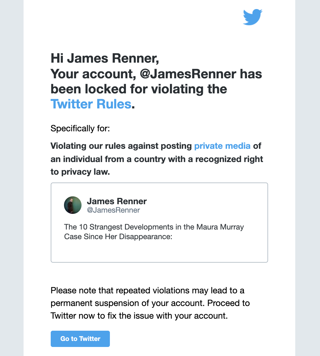 Twitter warning to James Renner