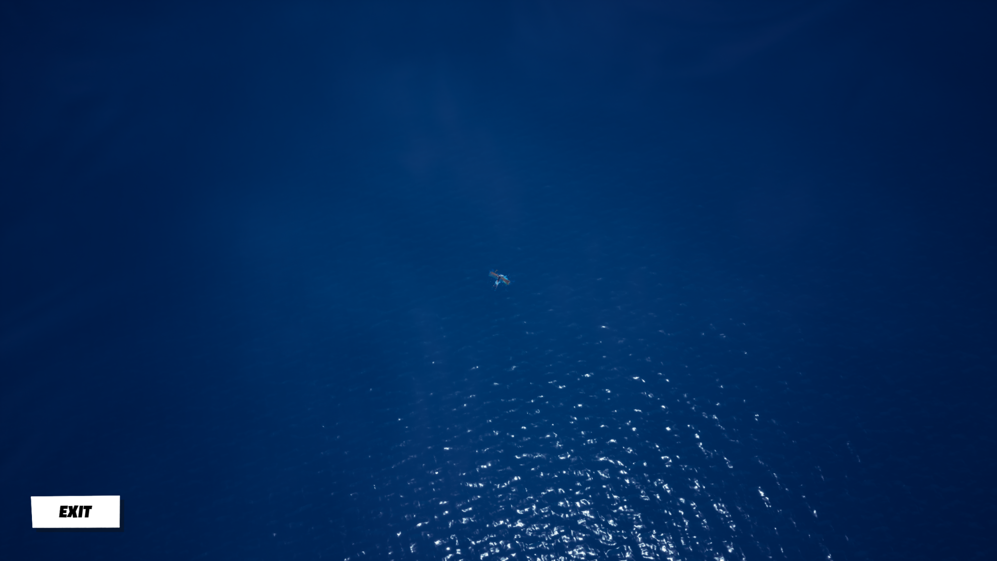 A screenshot from 'Fortnite' after the end of Chapter 2. A bird's eye view of a deep blue ocean's surface, with a small, distant figure in the center floating on what looks like a piece of driftwood.