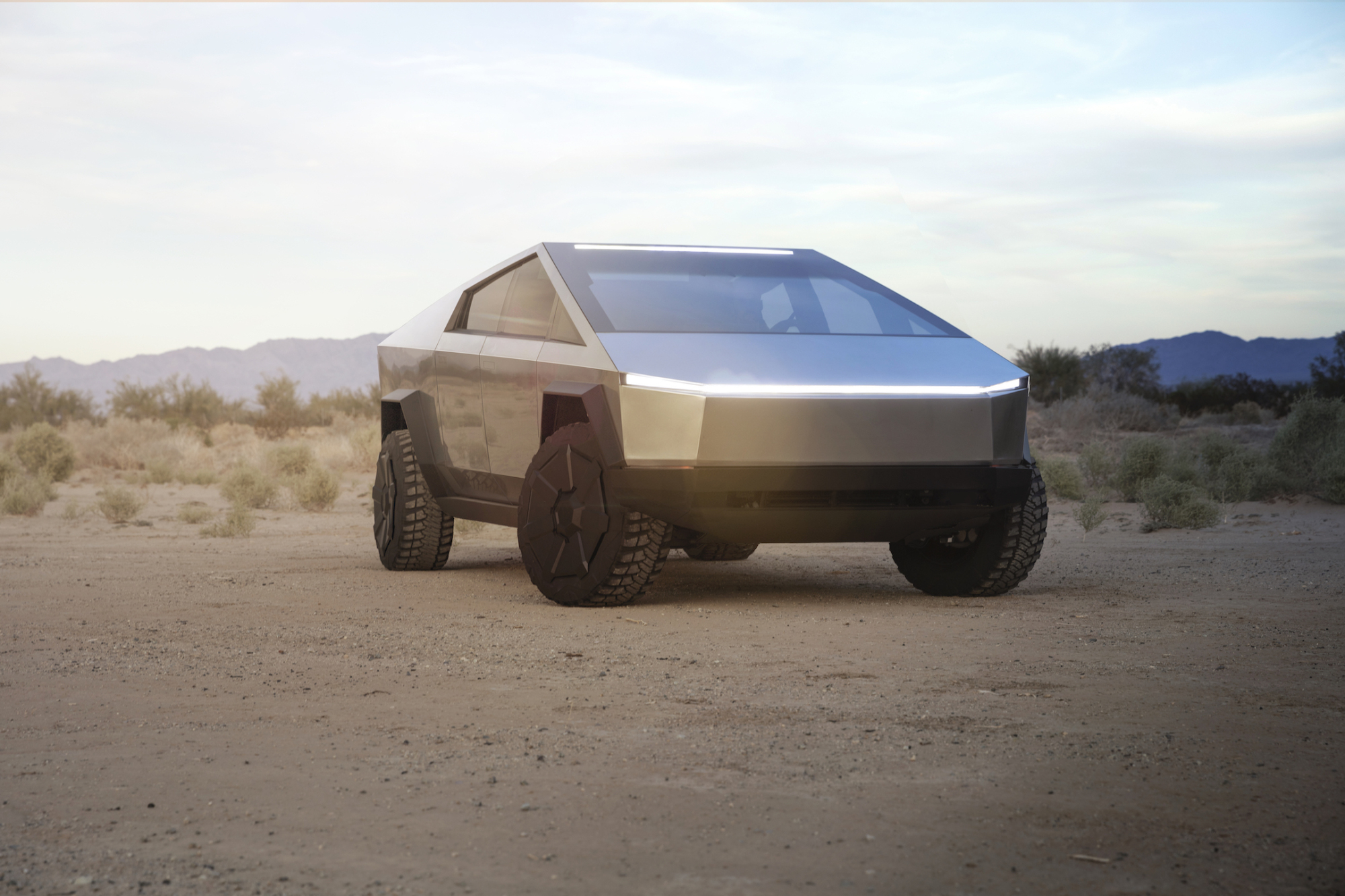 Cybertruck in a desert scene.