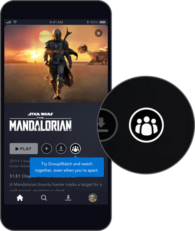 "The Mandalorian" promo image above GroupWatch icon to click