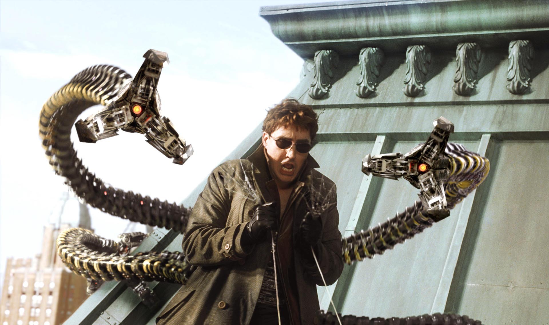 Otto Octavius/Doc Ock waving his four metal arms in "Spider-Man 2"