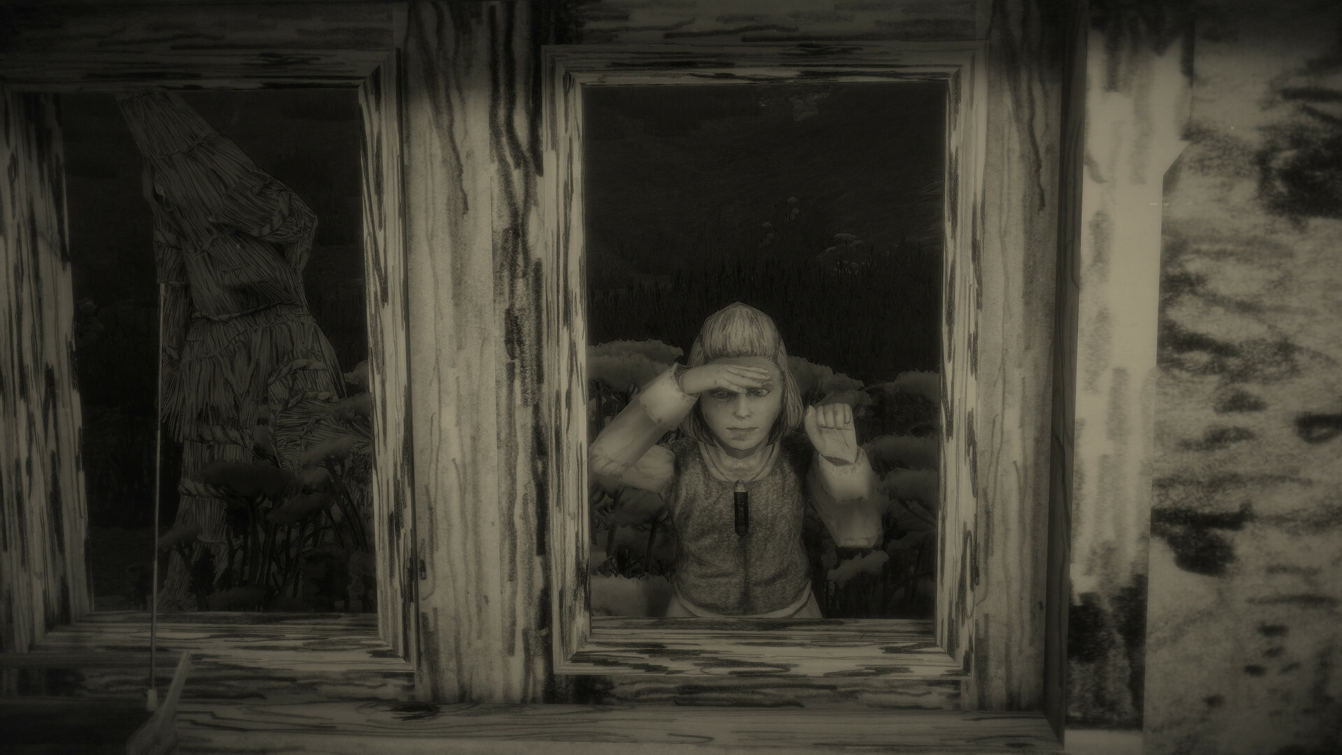 A screenshot from "Mundaun" featuring a little girl, viewed from the front, as she's staring out the window of a rough-hewn wooden structure.