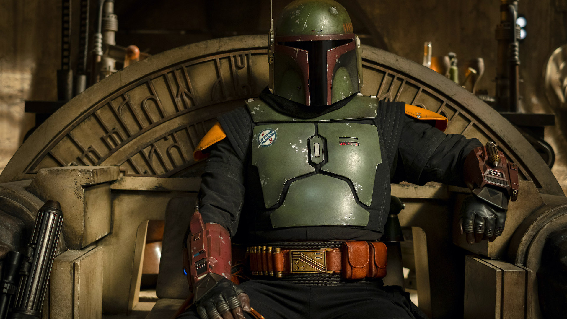 A man in eclectic armor and a helmet sits on an ancient-looking throne: Boba Fett from Disney's Star Wars universe.