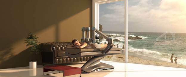 A woman laying on a massage table with robot arms above her.