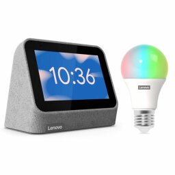 Smart speaker with clock on screen and colorful lightbulb