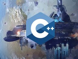 C++ Logo in front of battleship graphic