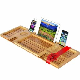 bathtub caddy with tablet and phones
